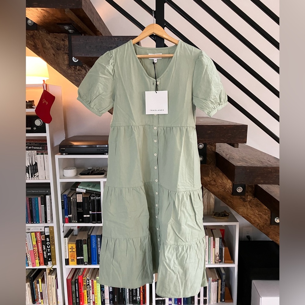 TRADLANDS KINDRED MIDI DRESS DESERT SAGE 100% CRINKLE COTTON XS/S